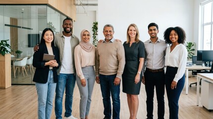 Fototapeta premium A diverse group of people standing in an office setting, dressed in business attire.