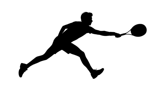Male tennis player silhouette in action reaching for a forehand with a racket during a match on a court