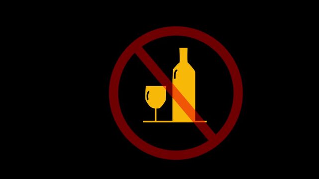 Vector video  of a prohibition sign on which a crossed-out bottle of alcohol appears, it is forbidden to drink alcohol 4K video animation.
