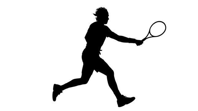 Male tennis player silhouette in motion during a match with racket and ball isolated against a bright setting