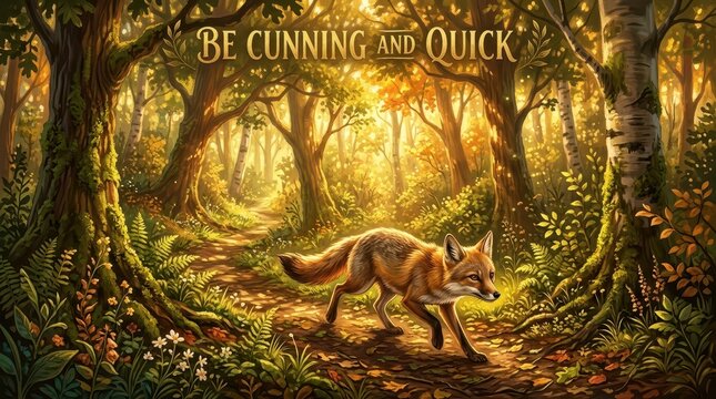Enchanting forest path bathed in golden sunlight with a cunning fox moving stealthily, inspiring wisdom and agility.