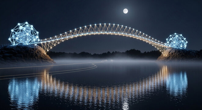 Futuristic arch bridge adorned with glowing luminous lights spans across dark night water creating a stunning architectural reflection beneath a bright full moon shining in the evening sky