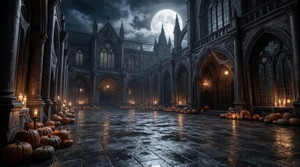 Fototapeta premium A spooky gothic castle courtyard under a bright full moon during a dark and misty happy halloween night scene