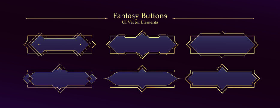 Fantasy buttons vector asset set with golden gradient and metallic effect for mobile RPG game user interface UI design with elegant thin line frames and blue color fill on dark background