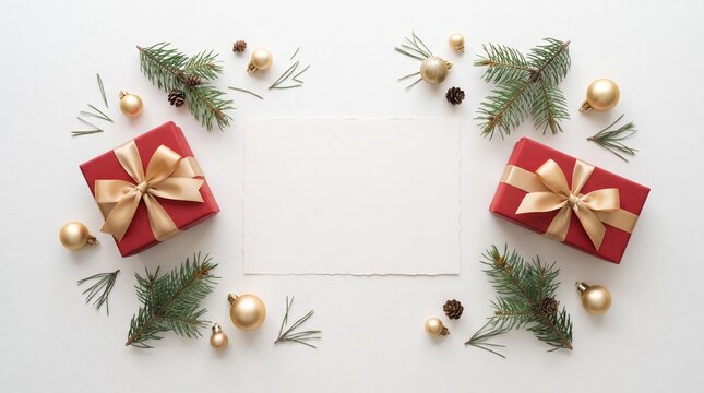 Christmas flat lay with red gift boxes and gold ornaments on white background