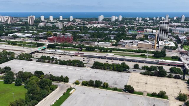 Aerial footage of cars driving on the street in Chicago Illinois USA