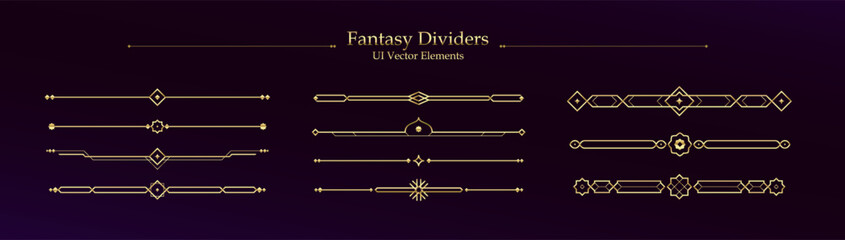 Plakat Fantasy dividers vector asset set with golden gradient and metallic effect for mobile RPG game user interface UI design with elegant thin decorative line breaks and borders on dark background