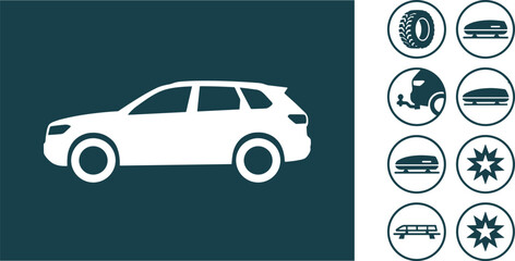 Naklejka premium Set of icons for car accessories and equipment including roof boxes, tires, and trailer hitch