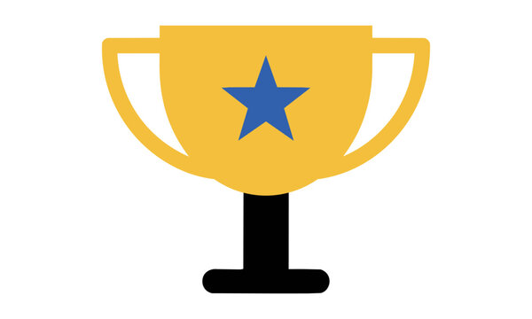 A simple flat icon of a classic two-handled trophy cup featuring a stylized star, isolated on a white background. Success and achievement concept
