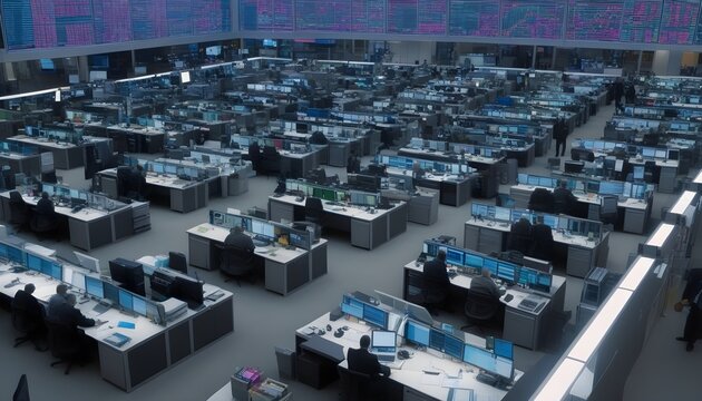 An aerial view of a trading floor with tiny distant figures at their desks, cool fluorescent overhead light
