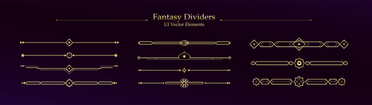 Fantasy dividers vector asset set with golden gradient and metallic effect for mobile RPG game user interface UI design with elegant thin decorative line breaks and borders on dark background