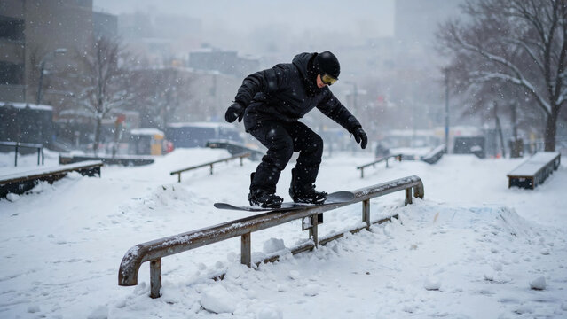 Snowboarder grinding rail in snowy park