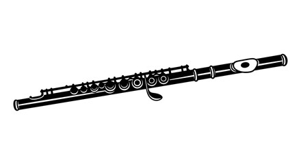 A black and white illustration of a flute on a plain background with detailed black instrument woodwind graphic simple music © Sudha