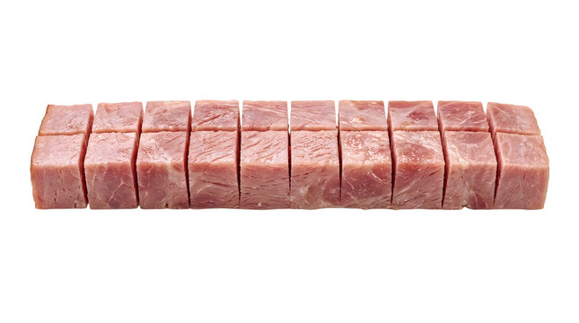 Freshly cut raw meat cubes arranged neatly in a row transparent background