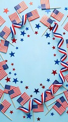 Fototapeta premium Patriotic border pattern of American flags and stars on blue background.