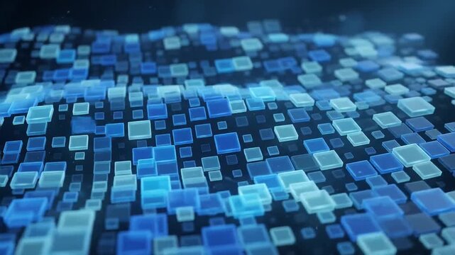 Abstract blue squares forming a digital wave pattern on a dark background