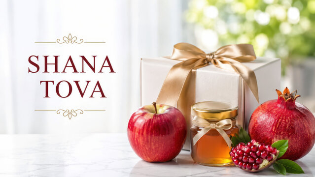 Ribbon wrapped present beside apples honey jar, pomegranate, shana tova greeting for rosh hashanah gifts to family or business clients