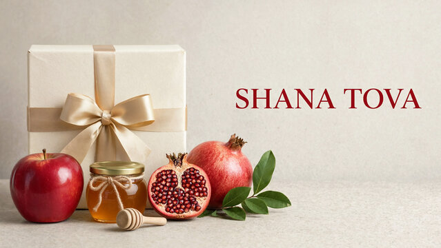 Shana tova greeting card with gift box, red ribbon, fresh apple, honey jar, and ripe pomegranate, traditional jewish new year copy space