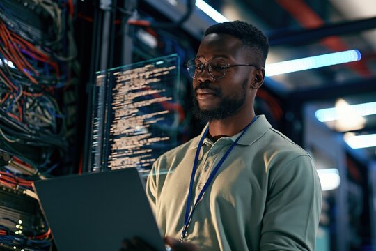 Black it technician working on laptop beside server racks with transparent code display for infrastructure monitoring background and network maintenance poster design