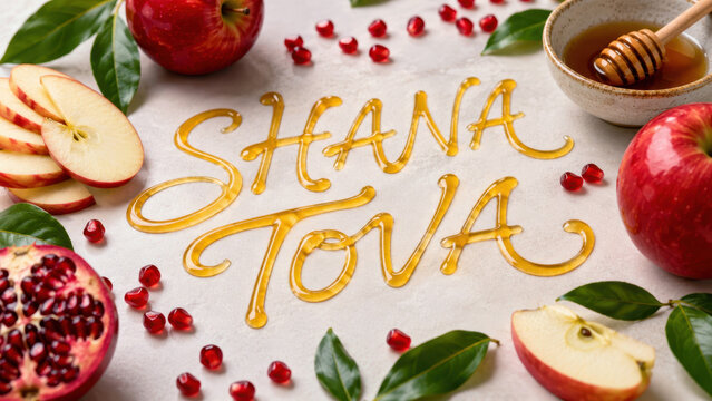 Shana tova honey calligraphy across tabletop with apples, pomegranate, rosh hashanah sweet new year banner
