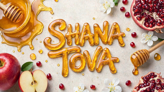Thick honey lettering spelling shana tova between apples, dipper, rosh hashanah food greeting with jewish holiday fruit decoration
