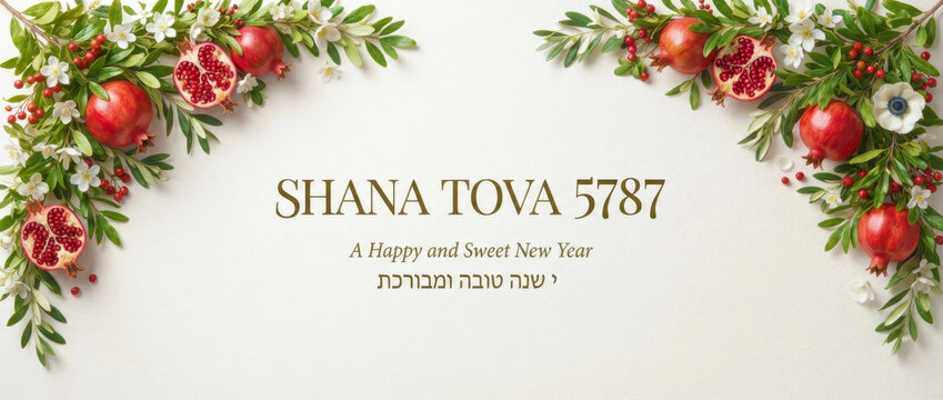 Shana tova 5787 greeting beneath an arch of pomegranate blossoms, rosh hashanah floral banner with sweet new year wishes in english, hebrew