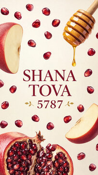 Shana tova greeting for jewish new year 5787 with honey dipper, apple slices, pomegranate seeds, festive holiday food, sweet wishes, holiday celebration, cream background, vertical design