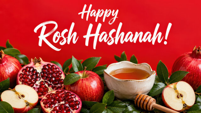 Rosh hashanah greeting, apples, honey, pomegranate on red background, jewish new year celebration, shana tova holiday table, festive fruit harvest, traditional sweet foods, seasonal blessing