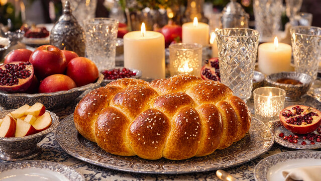 Round challah centerpiece on candlelit rosh hashanah dinner table, apples with pomegranates beside festive jewish holiday place settings
