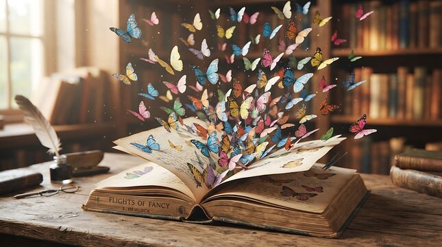 Open book with colorful paper butterflies emerging in a cozy library scene