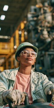 Confident female factory worker wearing hard hat and protective eyewear in a mechanical plant for industrial background and workplace safety poster design