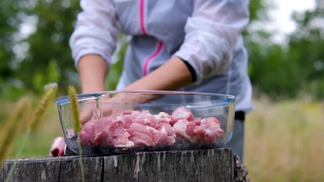 Step by step outdoor barbecue preparation shows pork cut into pieces, marinated with onion rings, spices and black pepper, threaded onto skewers and grilled over charcoal. Close up.