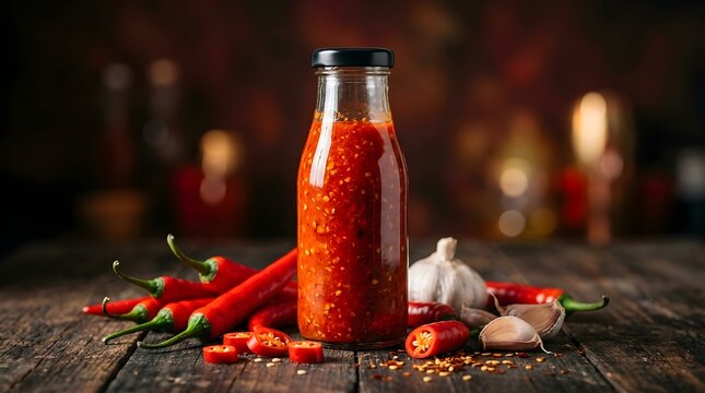 A bottle of vibrant hot sauce is displayed alongside bright red chili peppers and fragrant garlic on aged wood in low light