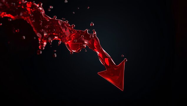 Red liquid forming a downward arrow shape against a dark background.