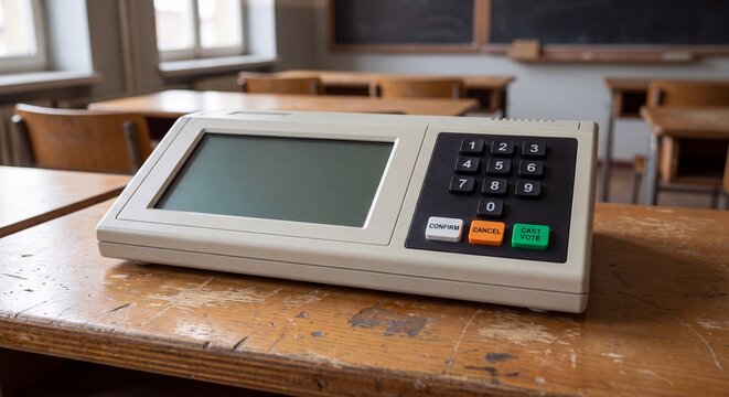 Electronic voting machine sits on a wooden desk inside an empty school classroom setting with machine keypad screen screen rests desk with desk