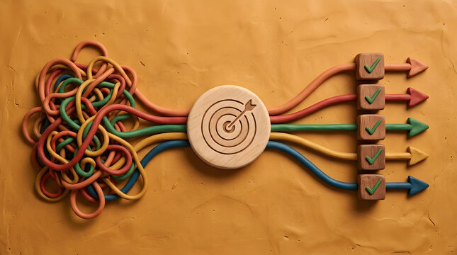 Claymation visual representing organizing chaos into clear business goals and actionable plans.