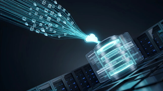 Futuristic cloud database server storage networking concept showing a digital information stream and glowing icons entering a central data hub within a high-tech computer server room.