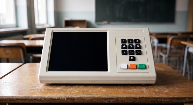 Electronic voting machine sits on a wooden desk inside an empty traditional school classroom setting with voting console numeric numeric keypad blank