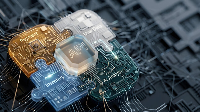 Application programming interface digital connection linking payment and AI analytics on a circuit board