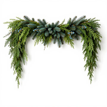 Christmas evergreen garland border made of pine branches, cypress foliage, and blue juniper berries isolated on white background