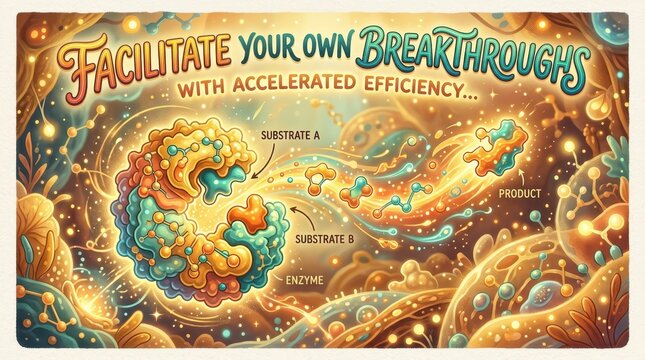 Enzyme catalyzing reaction with substrates A and B to produce a product, illustrating accelerated efficiency and breakthroughs
