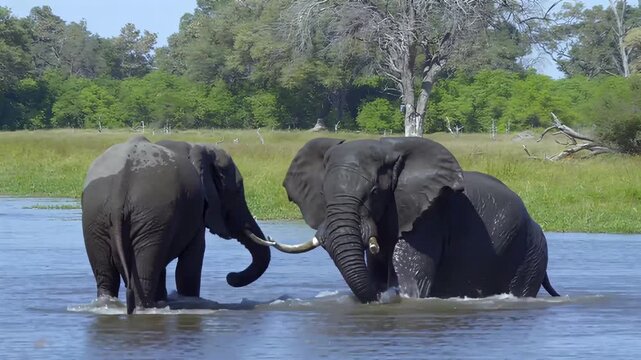 Herd of elephants wading through shallow water on a sunny day