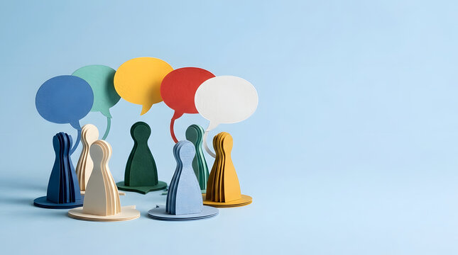 Conceptual teamwork discussion and customer feedback session with colorful paper cutout figures and speech bubbles on a blue background.