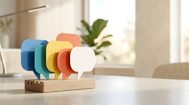 Colorful speech bubble icons on a wooden base representing effective teamwork discussion and diverse customer feedback in a bright office setting for business communication concepts.