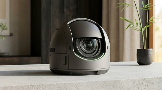Dark Grey Indoor AI Security Camera with Privacy Shutter resting on Desk Surface