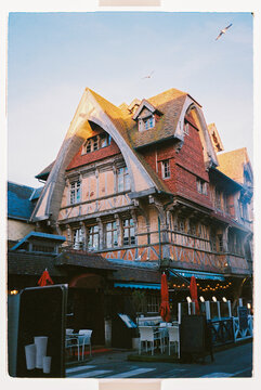 Historic half timbered building on a city street