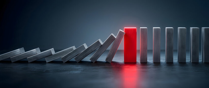 Strategic red block stopping domino chain reaction representing proactive risk management and effective crisis control for business.