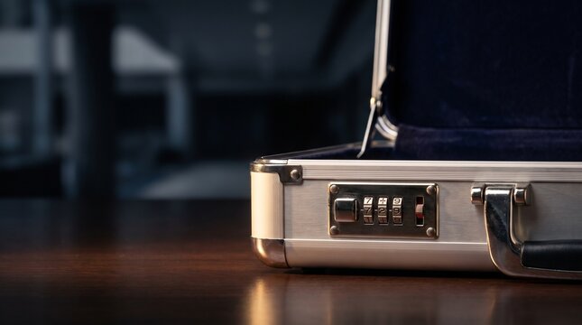 Metallic silver briefcase with combination lock on a wooden desk.