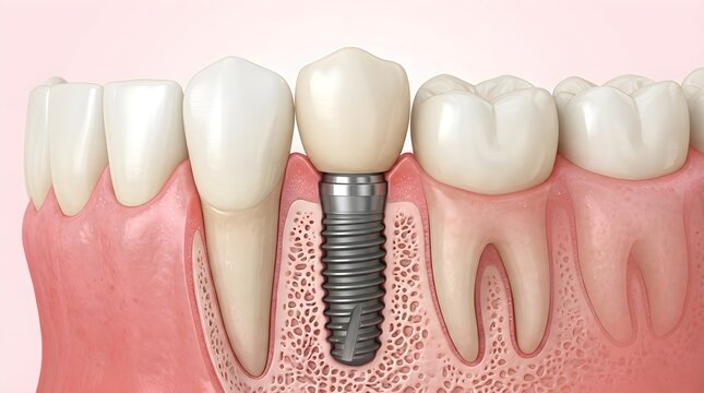 A highly detailed anatomical illustration shows a dental implant perfectly replacing a missing molar alongside healthy surrounding teeth and vibrant pink gums