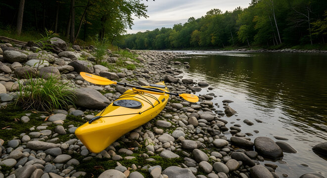 Yellow kayaks resting on rocky riverbank.